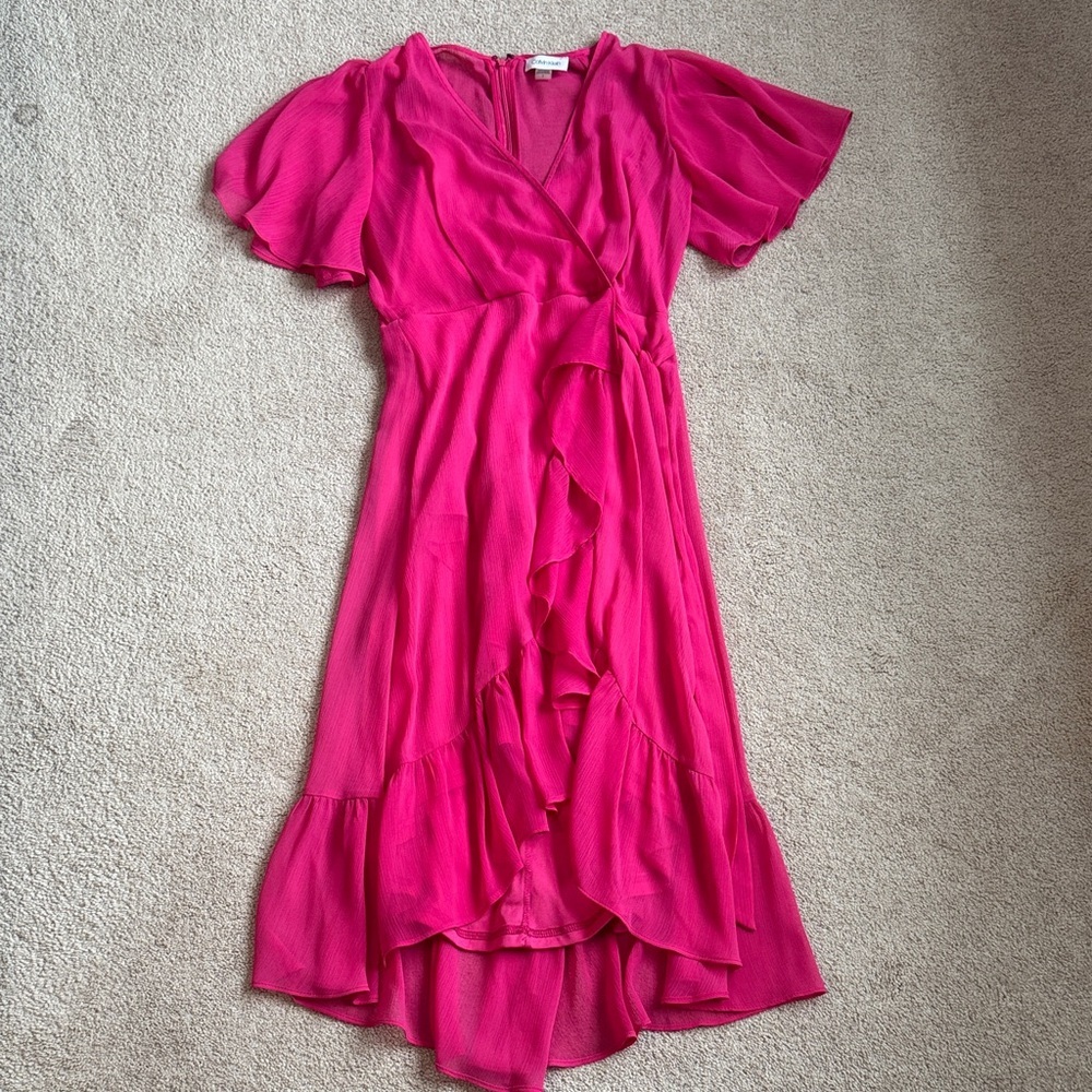 Bright Pink Wrap Ruffle Midi Dress